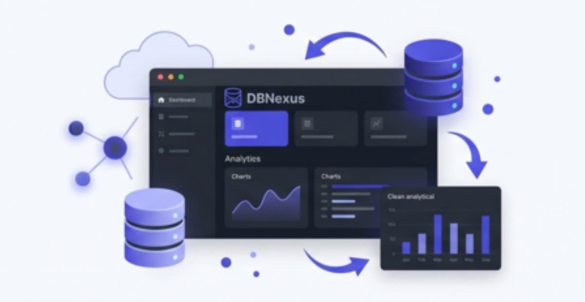 Modern database management dashboard illustration showing SQL tools, server cylinders, and data analytics in dark gray and indigo. Modern database management dashboard illustration showing SQL tools, server cylinders, and data analytics in dark gray and indigo.