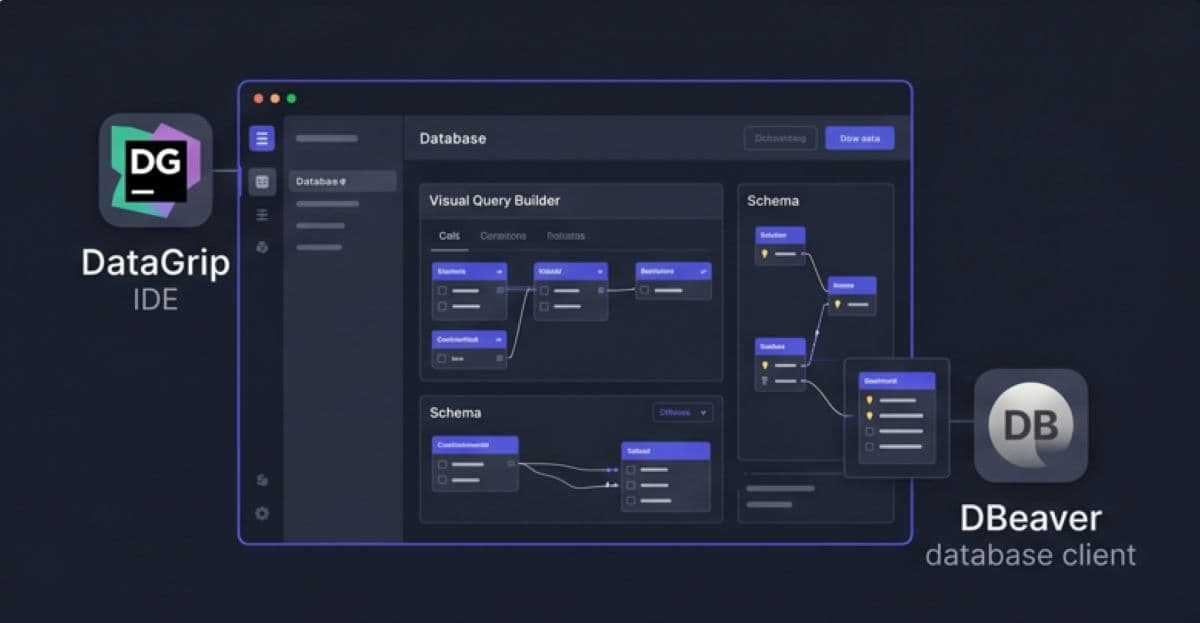 Modern database management dashboard illustration showing visual query builders, schema mapping, and fictional product logos ('DG', 'DB') in dark gray and indigo. Modern database management dashboard illustration showing visual query builders, schema mapping, and fictional product logos ('DG', 'DB') in dark gray and indigo.