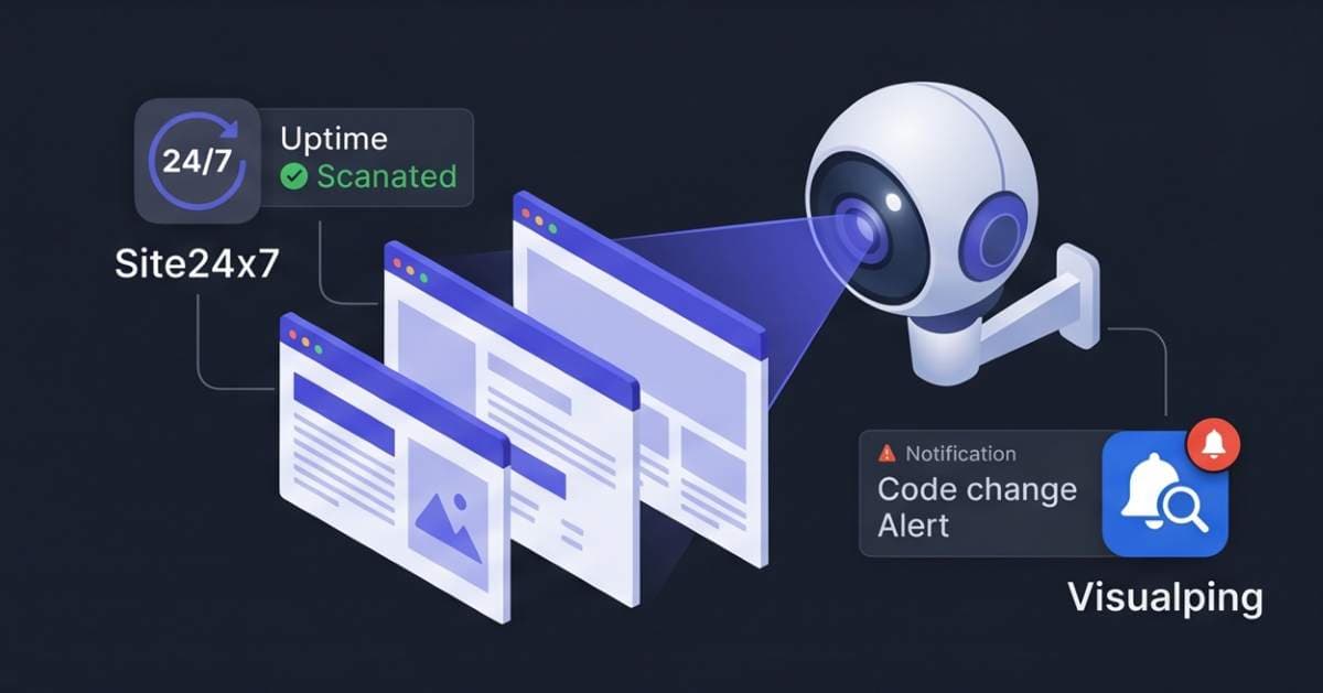 Website monitoring software interface showing dynamic web page panel scanning by a modern camera unit, featuring fictional notification icons and logos ('Site24x7', 'Visualping'). Website monitoring software interface showing dynamic web page panel scanning by a modern camera unit, featuring fictional notification icons and logos ('Site24x7', 'Visualping').