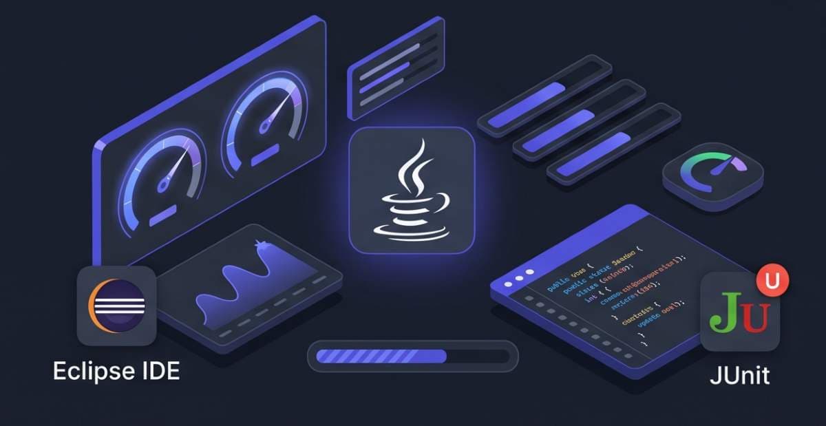Java development environment illustration showing glowing code blocks, performance metrics, a central stylized Java coffee cup, and fictional logos ('Eclipse IDE', 'JUnit') in dark gray and indigo. Java development environment illustration showing glowing code blocks, performance metrics, a central stylized Java coffee cup, and fictional logos ('Eclipse IDE', 'JUnit') in dark gray and indigo.
