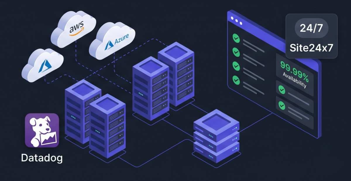 IT infrastructure and cloud monitoring software dashboard visualizing multiple server racks, connected abstract cloud nodes, a status screen showing dynamic checks and '99.99% Availability,' and fictional logos ('Datadog', 'Site24x7') in dark gray and indigo. IT infrastructure and cloud monitoring software dashboard visualizing multiple server racks, connected abstract cloud nodes, a status screen showing dynamic checks and '99.99% Availability,' and fictional logos ('Datadog', 'Site24x7') in dark gray and indigo.