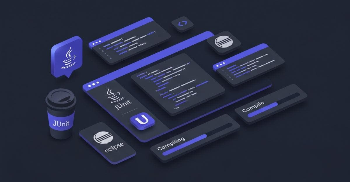 Modern SaaS dashboard illustration showing Java development tools, code blocks, metrics, and fictional logos ('JUnit', 'Eclipse IDE') with indigo and dark gray accents. Modern SaaS dashboard illustration showing Java development tools, code blocks, metrics, and fictional logos ('JUnit', 'Eclipse IDE') with indigo and dark gray accents.
