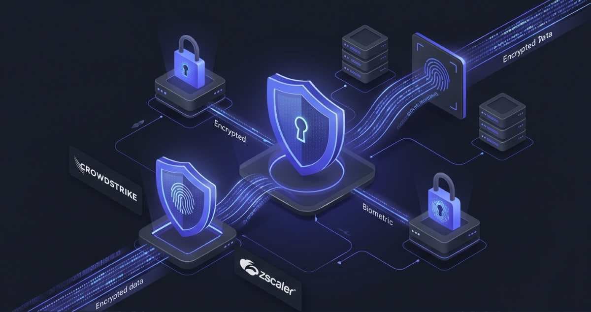 Modern SaaS interface illustrating enterprise cybersecurity, glowing digital shields, encrypted data streams, and fictional logos ('CrowdStrike', 'Zscaler') with indigo and dark gray styling. Modern SaaS interface illustrating enterprise cybersecurity, glowing digital shields, encrypted data streams, and fictional logos ('CrowdStrike', 'Zscaler') with indigo and dark gray styling.