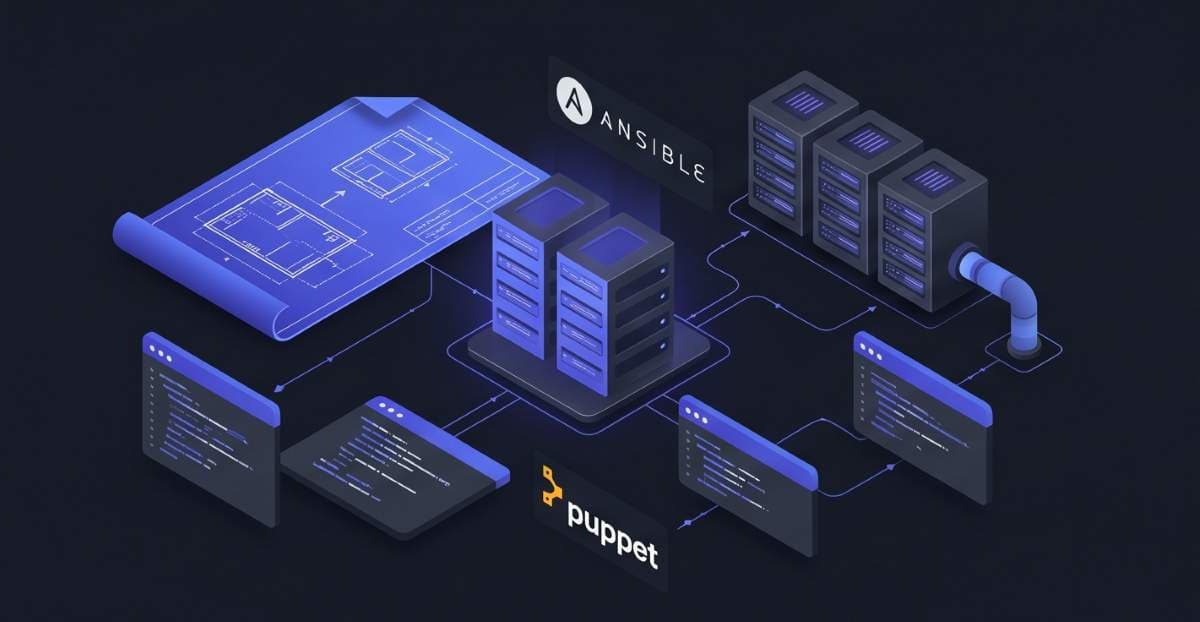 Modern SaaS interface showing software configuration management, automated server deployments, infrastructure as code, and fictional logos ('Ansible', 'Puppet') with indigo and dark gray styling. Modern SaaS interface showing software configuration management, automated server deployments, infrastructure as code, and fictional logos ('Ansible', 'Puppet') with indigo and dark gray styling.