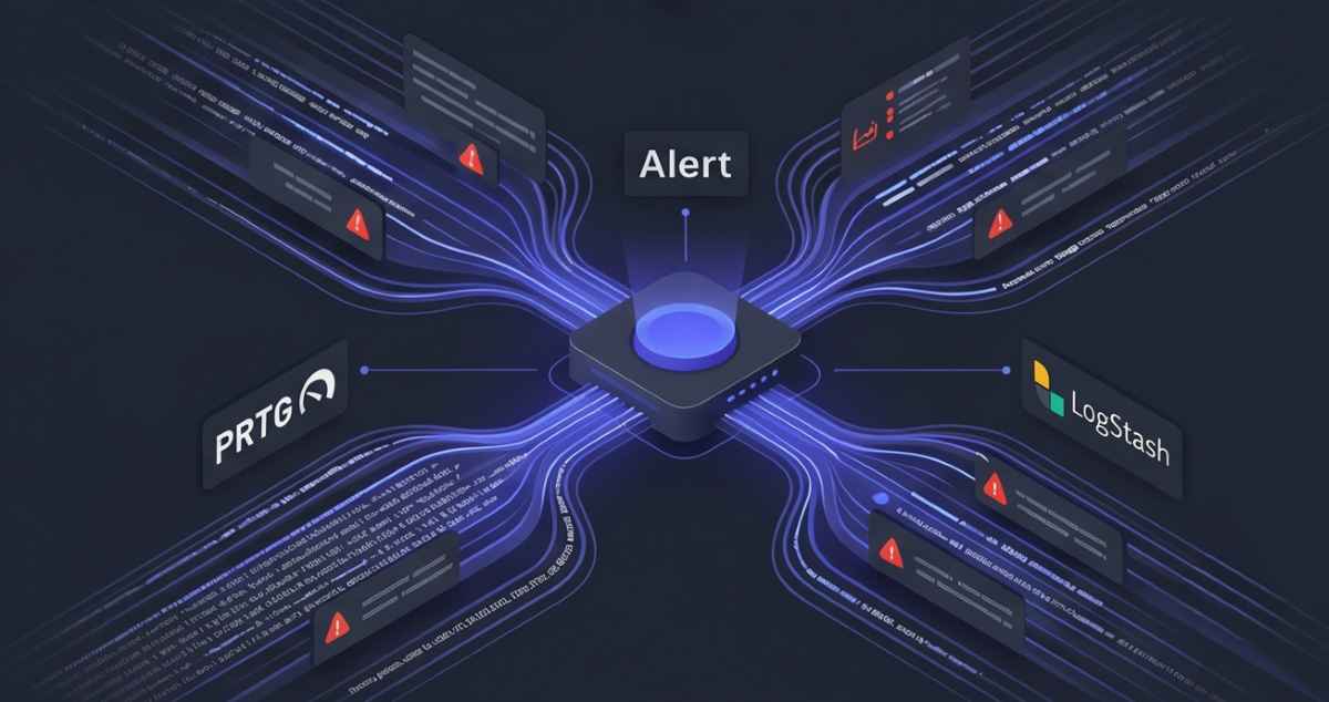 Modern SaaS interface illustrating centralized Syslog server management, glowing data streams, network alert indicators, and fictional logos ('PRTG', 'LogStash') with indigo and dark gray styling. Modern SaaS interface illustrating centralized Syslog server management, glowing data streams, network alert indicators, and fictional logos ('PRTG', 'LogStash') with indigo and dark gray styling.