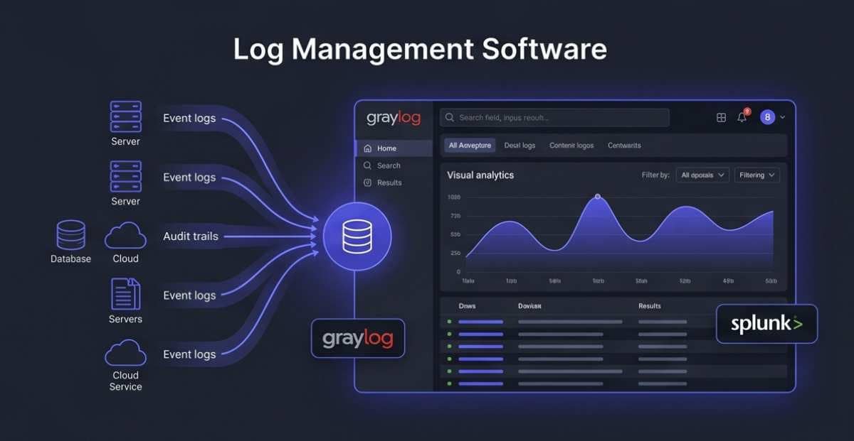 Modern SaaS dashboard illustration showing centralized log management, glowing data streams, and structured analytics dashboards with indigo and dark gray styling. Modern SaaS dashboard illustration showing centralized log management, glowing data streams, and structured analytics dashboards with indigo and dark gray styling.