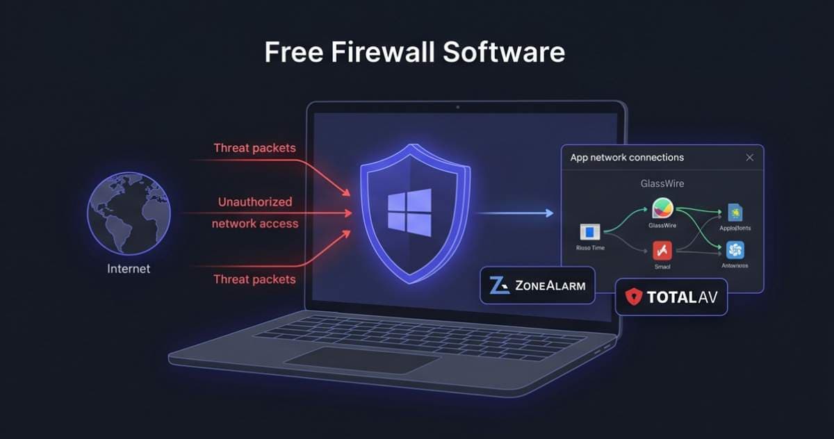 Modern SaaS interface illustrating network firewall protection, digital shields, and secure data traffic on Windows with indigo and dark gray styling. Modern SaaS interface illustrating network firewall protection, digital shields, and secure data traffic on Windows with indigo and dark gray styling.