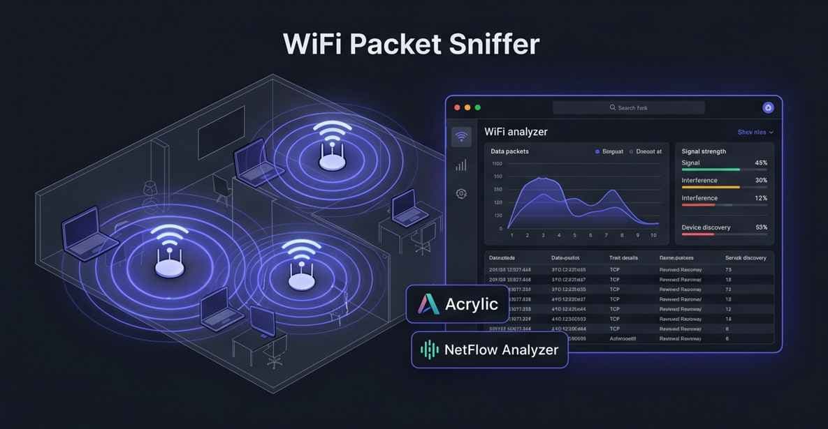 Modern SaaS interface illustrating WiFi packet sniffing, glowing wireless radar waves, and encrypted network data interception with indigo and dark gray styling. Modern SaaS interface illustrating WiFi packet sniffing, glowing wireless radar waves, and encrypted network data interception with indigo and dark gray styling.