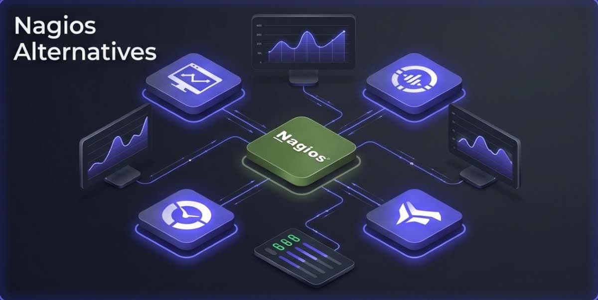 A visualization of upgrading an outdated network monitoring system (#111827). Multiple modern, glowing indigo (#4f46e5) SaaS platform icons, featuring real-time dashboards and key performance indicators like Auto-Discovery and Cloud Support, are shown replacing a central, dated Nagios icon. Interconnected glowing lines illustrate data flow in a cinematic, sophisticated 3D isometric visual. A visualization of upgrading an outdated network monitoring system (#111827). Multiple modern, glowing indigo (#4f46e5) SaaS platform icons, featuring real-time dashboards and key performance indicators like Auto-Discovery and Cloud Support, are shown replacing a central, dated Nagios icon. Interconnected glowing lines illustrate data flow in a cinematic, sophisticated 3D isometric visual.
