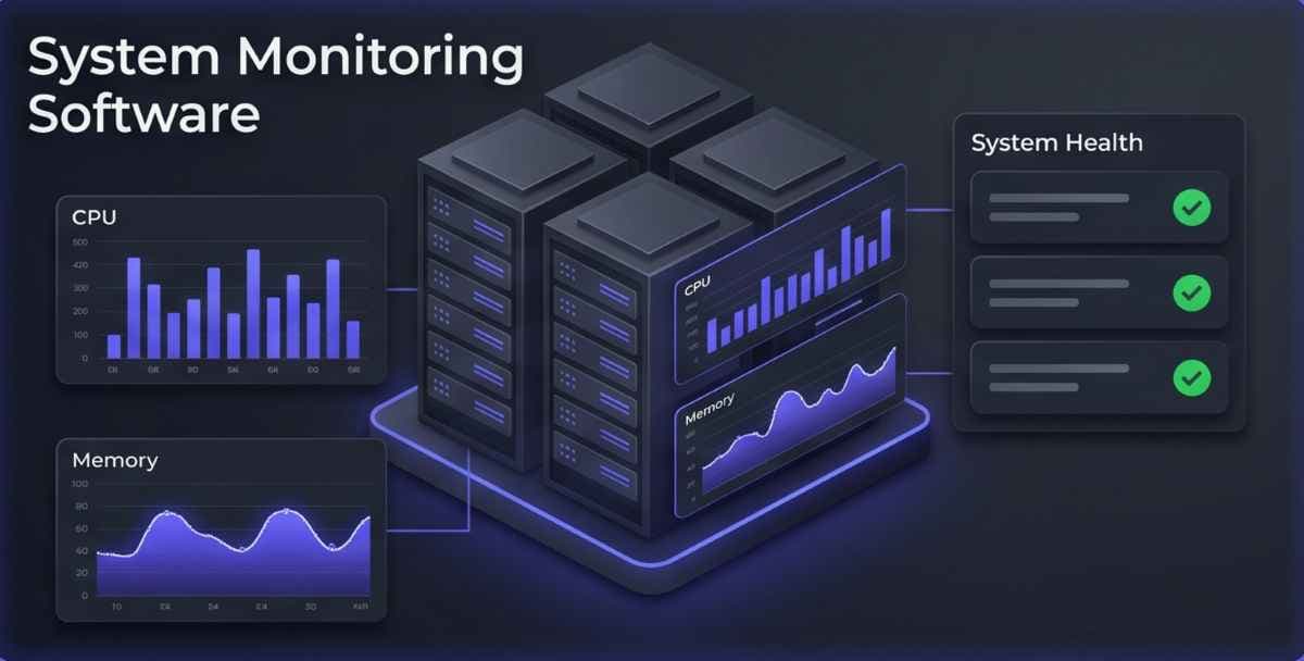 Comprehensive enterprise system monitoring dashboard overview (#111827). A detailed 3D isometric visual of integrated IT infrastructure—including multi-vendor servers, virtual machines, and applications—is displayed on a large glowing console. Real-time performance metrics like CPU load and memory usage are highlighted with glowing indigo (#4f46e5) accents and green checkmarks indicating optimal health status alongside historical data charts. Comprehensive enterprise system monitoring dashboard overview (#111827). A detailed 3D isometric visual of integrated IT infrastructure—including multi-vendor servers, virtual machines, and applications—is displayed on a large glowing console. Real-time performance metrics like CPU load and memory usage are highlighted with glowing indigo (#4f46e5) accents and green checkmarks indicating optimal health status alongside historical data charts.