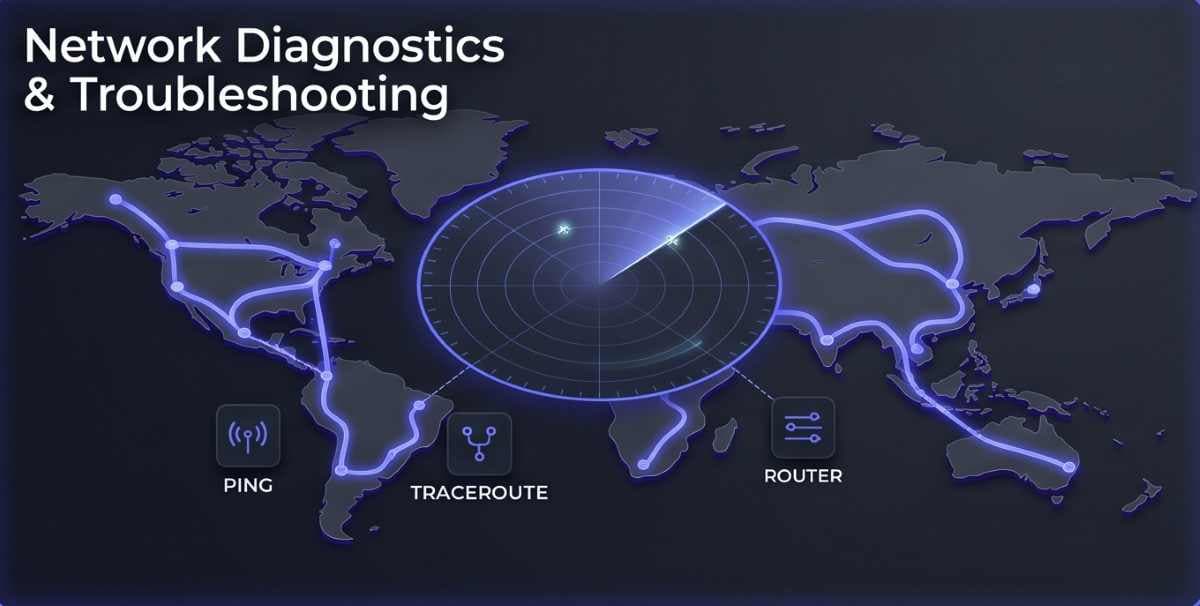 An active network diagnostics command center visualization (#111827). A detailed global topology map is displayed on a console, with a radar-like sweeping indigo (#4f46e5) effect highlighting faulty nodes and specific error states like PING failure or TRACEROUTE error. Interconnected pathways show data packet movement and dropped packets, with a dedicated routing issues log visible, in a cinematic, sophisticated 3D isometric visual. An active network diagnostics command center visualization (#111827). A detailed global topology map is displayed on a console, with a radar-like sweeping indigo (#4f46e5) effect highlighting faulty nodes and specific error states like PING failure or TRACEROUTE error. Interconnected pathways show data packet movement and dropped packets, with a dedicated routing issues log visible, in a cinematic, sophisticated 3D isometric visual.