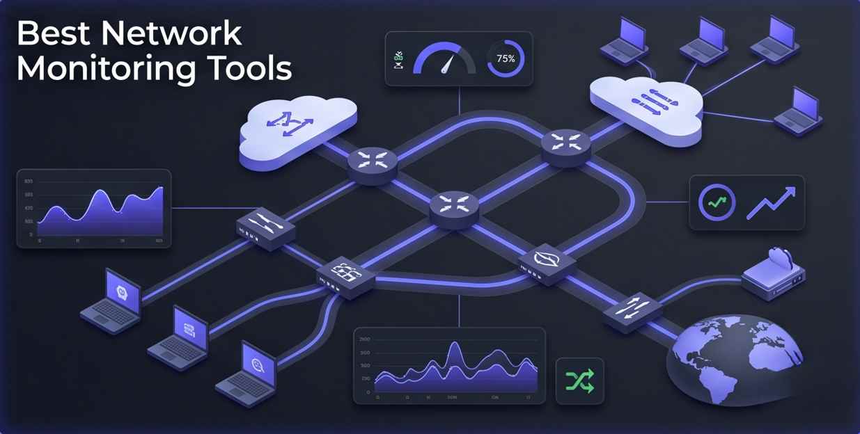 SaaS-based network monitoring platform dashboard visualization. Interconnected geometric data centers (#111827) send glowing indigo (#4f46e5) data streams to a central console displaying performance graphs, real-time alerts, and system health status. Icons represent monitored cloud services, servers, and global network endpoints, linked by active tracking paths in a cinematic, sophisticated 3D isometric visual. SaaS-based network monitoring platform dashboard visualization. Interconnected geometric data centers (#111827) send glowing indigo (#4f46e5) data streams to a central console displaying performance graphs, real-time alerts, and system health status. Icons represent monitored cloud services, servers, and global network endpoints, linked by active tracking paths in a cinematic, sophisticated 3D isometric visual.