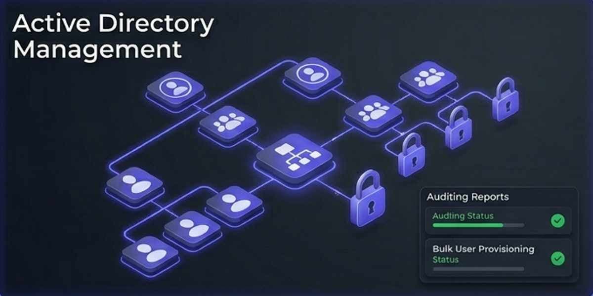 A sophisticated 3D isometric visualization of a secure Active Directory user and group hierarchy, presented against a cinematic deep dark gray (#111827) background. Glowing indigo (#4f46e5) data pathways connect secure user profiles and interlocking padlocks, representing automated bulk management and identity auditing. An informative visual for a ManageEngine ADManager Plus product review A sophisticated 3D isometric visualization of a secure Active Directory user and group hierarchy, presented against a cinematic deep dark gray (#111827) background. Glowing indigo (#4f46e5) data pathways connect secure user profiles and interlocking padlocks, representing automated bulk management and identity auditing. An informative visual for a ManageEngine ADManager Plus product review