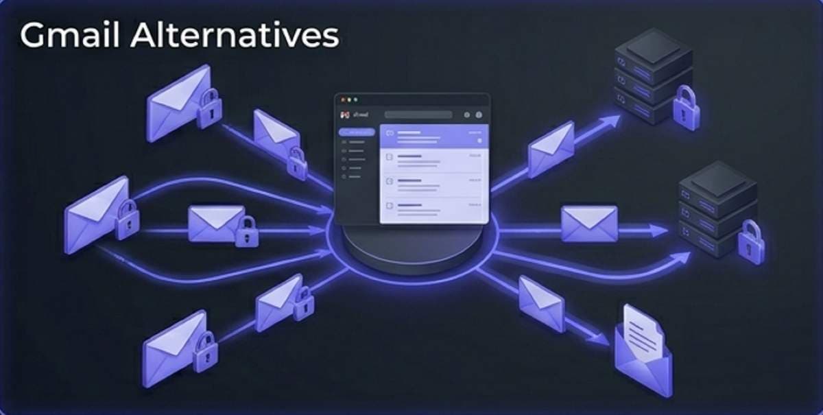 A 3D isometric visualization representing secure Gmail alternatives, showing encrypted email envelopes flowing into a central, ad-free inbox interface and secure servers, highlighted by glowing indigo data paths. A 3D isometric visualization representing secure Gmail alternatives, showing encrypted email envelopes flowing into a central, ad-free inbox interface and secure servers, highlighted by glowing indigo data paths.