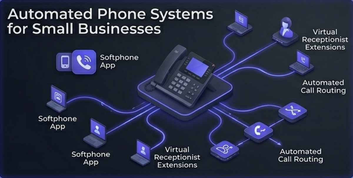 A 3D isometric diagram of an automated phone system for small businesses, displaying a central desk phone routing glowing connections to softphone apps, virtual receptionists, and call routing nodes. A 3D isometric diagram of an automated phone system for small businesses, displaying a central desk phone routing glowing connections to softphone apps, virtual receptionists, and call routing nodes.