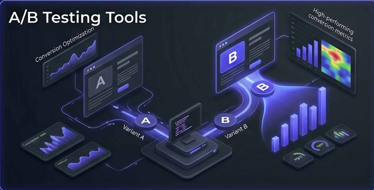 A visualization of split testing. Two digital page variants labeled "Variant A" and "Variant B" fan out from a central terminal. Indigo glowing pathways visualize data being split. Projected results show variant 'B' winning with intense indigo glowing bar charts and heatmaps visualised fanning into the background. Small fanning data charts are integrated into the map, representing Conversion Rate Optimization (CRO) metrics for an optimized visual suitable for a Zoho PageSense product review. A visualization of split testing. Two digital page variants labeled "Variant A" and "Variant B" fan out from a central terminal. Indigo glowing pathways visualize data being split. Projected results show variant 'B' winning with intense indigo glowing bar charts and heatmaps visualised fanning into the background. Small fanning data charts are integrated into the map, representing Conversion Rate Optimization (CRO) metrics for an optimized visual suitable for a Zoho PageSense product review.