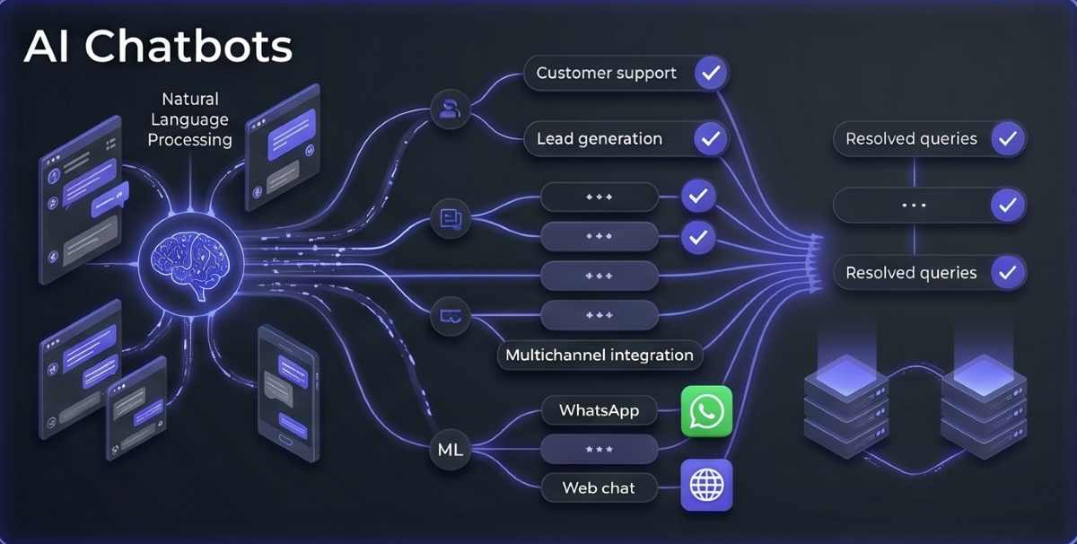 A visualization of conversational AI. A central glowing AI brain node connects fanning data paths that form adaptive conversation trees and paths (Machine Learning and NLP) adapted to user inputs, ending in resolved queries indicated by glowing checkmarks. Multichannel integration points are integrated into the visual. Data streams are fanning out between them, visualising conversation adaptation for a visual suitable for a Zoho SalesIQ product review. A visualization of conversational AI. A central glowing AI brain node connects fanning data paths that form adaptive conversation trees and paths (Machine Learning and NLP) adapted to user inputs, ending in resolved queries indicated by glowing checkmarks. Multichannel integration points are integrated into the visual. Data streams are fanning out between them, visualising conversation adaptation for a visual suitable for a Zoho SalesIQ product review.