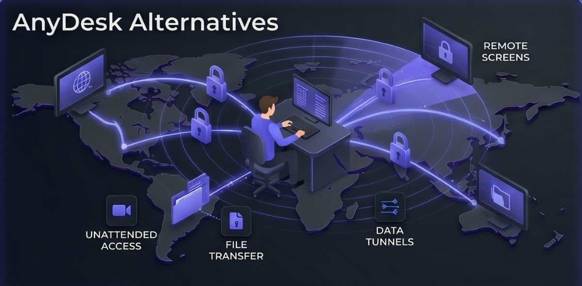 A visualization of a secure global remote IT support network. An IT technician at a centralized command console utilizes encrypted data tunnels fanning out across a stylized global map to multiple remote monitors. encryption locks and security data fan out along the pathways. Capabilities show fanning data for 'Unattended Access' and 'File Transfer' during active sessions, with a radar sweep effect integrated into the scanning overview for a visual suitable for a Zoho Assist product review. A visualization of a secure global remote IT support network. An IT technician at a centralized command console utilizes encrypted data tunnels fanning out across a stylized global map to multiple remote monitors. encryption locks and security data fan out along the pathways. Capabilities show fanning data for 'Unattended Access' and 'File Transfer' during active sessions, with a radar sweep effect integrated into the scanning overview for a visual suitable for a Zoho Assist product review.
