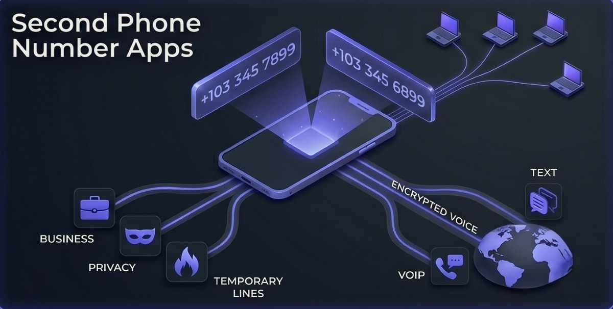 A visualization of digital privacy and virtual communication. A central smartphone projects two distinct, holographic virtual phone numbers fanning out from the top. Below the numbers, different use-case icons (business, private, temporary burners) fan out, indicating virtual lines being allocated. Encrypted voice and data paths fan out, visualising secure communication and VoIP routing for a visual suitable for an OpenPhone product review. A visualization of digital privacy and virtual communication. A central smartphone projects two distinct, holographic virtual phone numbers fanning out from the top. Below the numbers, different use-case icons (business, private, temporary burners) fan out, indicating virtual lines being allocated. Encrypted voice and data paths fan out, visualising secure communication and VoIP routing for a visual suitable for an OpenPhone product review.