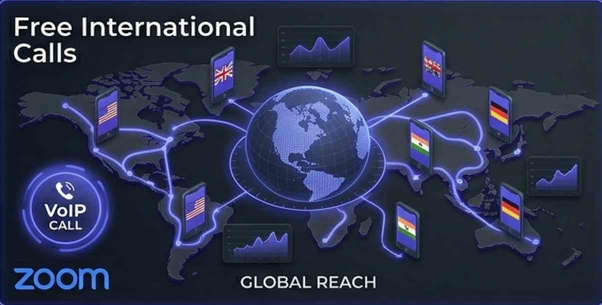 Professional 3D visualization of a global VoIP communication network (16:9), featuring a central data hub with the Zoom logo. Indigo glowing data paths connect smartphones across a digital globe on a cinematic dark gray background. Professional 3D visualization of a global VoIP communication network (16:9), featuring a central data hub with the Zoom logo. Indigo glowing data paths connect smartphones across a digital globe on a cinematic dark gray background.