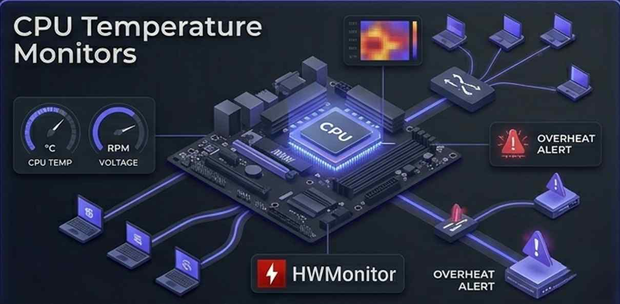 Professional 3D visualization of a CPU temperature monitoring interface (16:9), featuring central data displays with the HWMonitor logo. Thermal orange/red heatmaps and indigo glowing gauges track PC health on a cinematic dark gray background. Professional 3D visualization of a CPU temperature monitoring interface (16:9), featuring central data displays with the HWMonitor logo. Thermal orange/red heatmaps and indigo glowing gauges track PC health on a cinematic dark gray background.