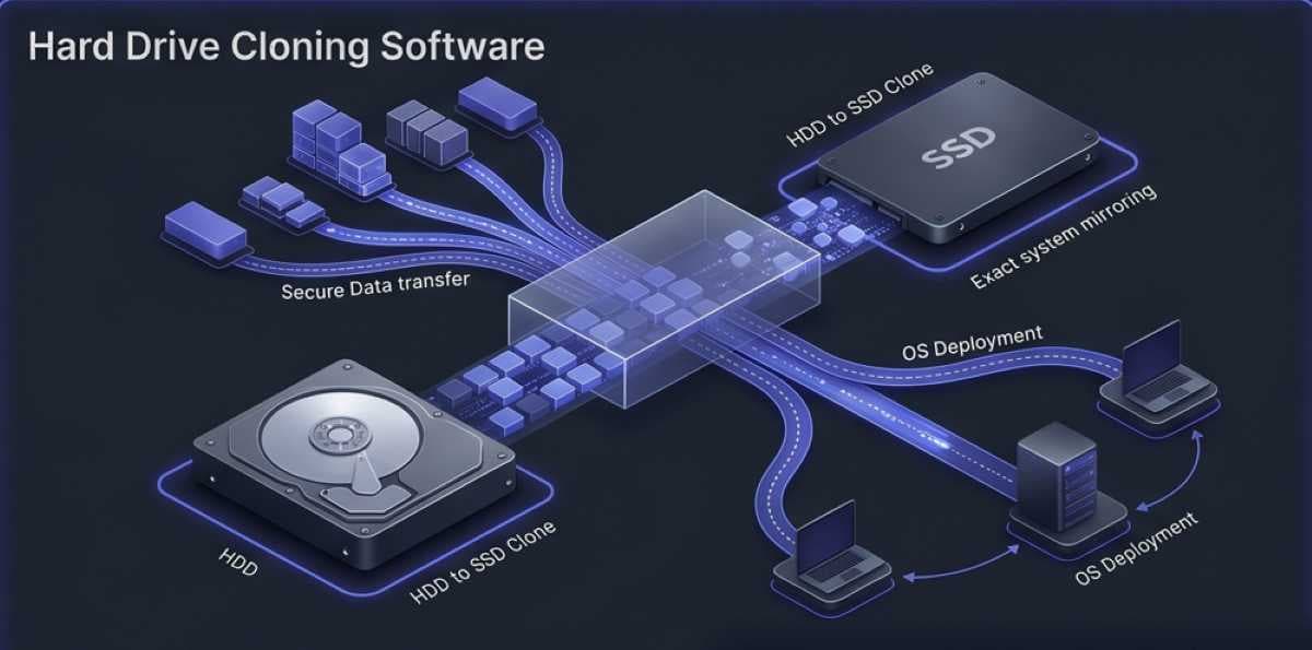 A sophisticated 3D isometric visualization for a ManageEngine OS Deployer product review, featuring a traditional mechanical hard drive (HDD) visualised as a data source fanning digital blocks to a modern solid-state drive (SSD) across a transparent bridge with glowing indigo accents, representing rapid system migration and identical system mirroring in a high-tech visual. A sophisticated 3D isometric visualization for a ManageEngine OS Deployer product review, featuring a traditional mechanical hard drive (HDD) visualised as a data source fanning digital blocks to a modern solid-state drive (SSD) across a transparent bridge with glowing indigo accents, representing rapid system migration and identical system mirroring in a high-tech visual.