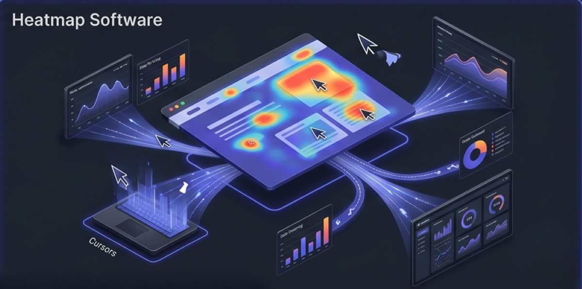 A sophisticated 3D isometric visualization for a Zoho SalesIQ product review, featuring thermal color overlays visualising user behavior (clicks, moves, scrolls) on a webpage interface projected onto a central terminal with glowing indigo accents, representing conversion rate optimization (CRO) in a cinematic SaaS visual. A sophisticated 3D isometric visualization for a Zoho SalesIQ product review, featuring thermal color overlays visualising user behavior (clicks, moves, scrolls) on a webpage interface projected onto a central terminal with glowing indigo accents, representing conversion rate optimization (CRO) in a cinematic SaaS visual.