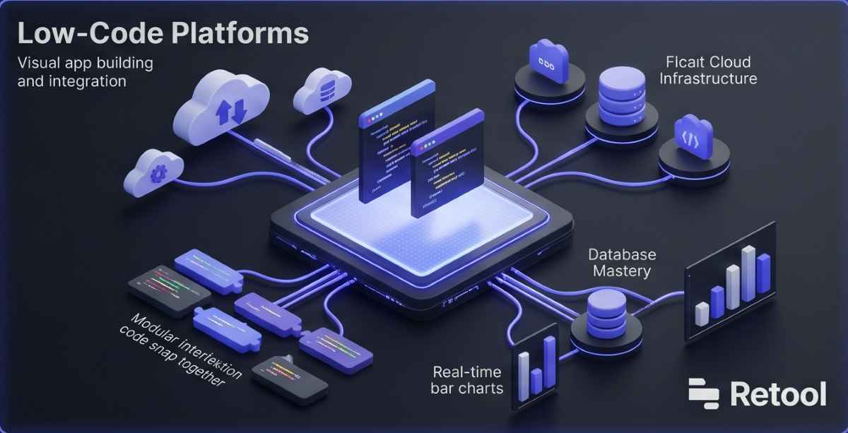 Professional 3D isometric visualization of a low-code development platform (featuring a Retool example), showing modular code blocks snapping together with indigo glowing API connections on a deep dark gray background. Professional 3D isometric visualization of a low-code development platform (featuring a Retool example), showing modular code blocks snapping together with indigo glowing API connections on a deep dark gray background.