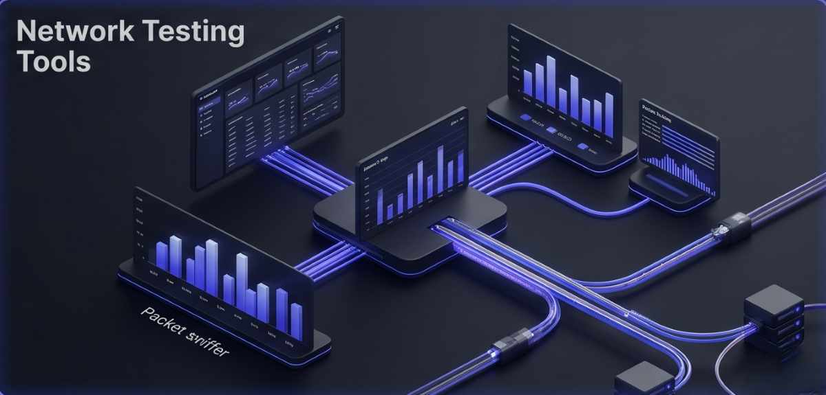 Professional 3D isometric visualization of a network testing and diagnostics environment, featuring glowing indigo fiber-optic pathways and data packets displaying real-time bandwidth and latency metrics on a deep dark gray background. Professional 3D isometric visualization of a network testing and diagnostics environment, featuring glowing indigo fiber-optic pathways and data packets displaying real-time bandwidth and latency metrics on a deep dark gray background.