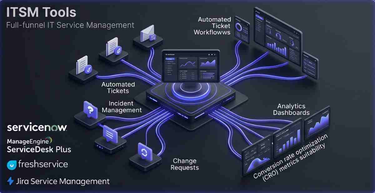 A professional 3D isometric visualization of an IT Service Management (ITSM) command dashboard on a dark gray background, featuring glowing indigo ticket workflows and performance charts, alongside logos for ServiceNow, ManageEngine ServiceDesk Plus, Freshservice, and Jira Service Management. A professional 3D isometric visualization of an IT Service Management (ITSM) command dashboard on a dark gray background, featuring glowing indigo ticket workflows and performance charts, alongside logos for ServiceNow, ManageEngine ServiceDesk Plus, Freshservice, and Jira Service Management.