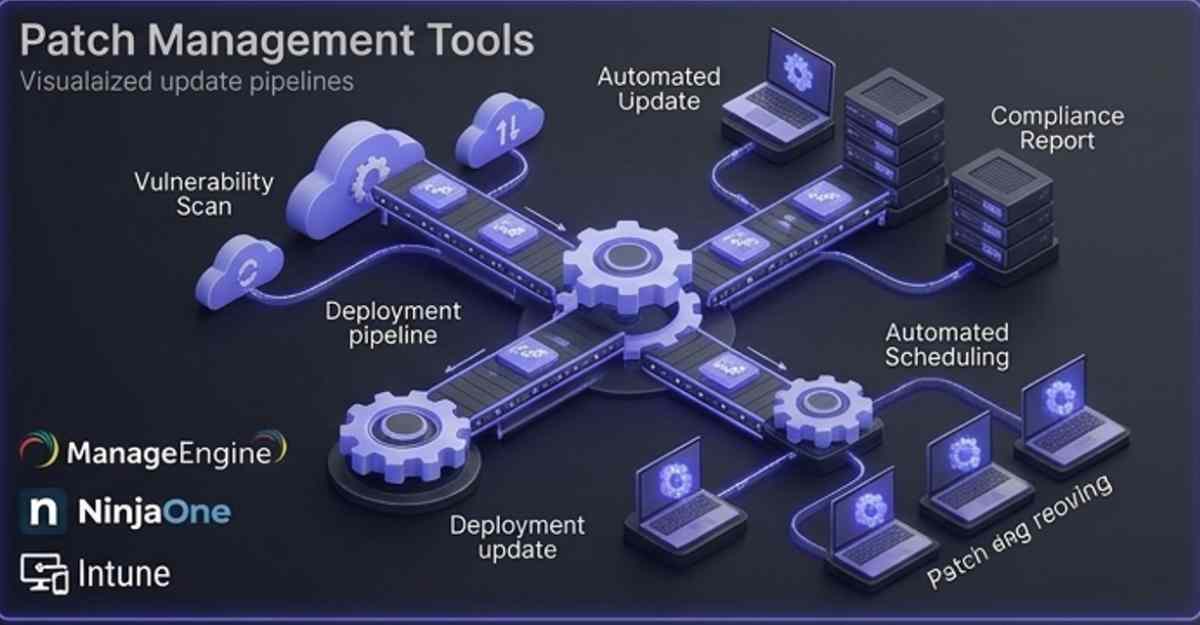 3D visualization of patch management tools showing an automated deployment pipeline with vulnerability scanning, featuring ManageEngine, NinjaOne, and Microsoft Intune. 3D visualization of patch management tools showing an automated deployment pipeline with vulnerability scanning, featuring ManageEngine, NinjaOne, and Microsoft Intune.
