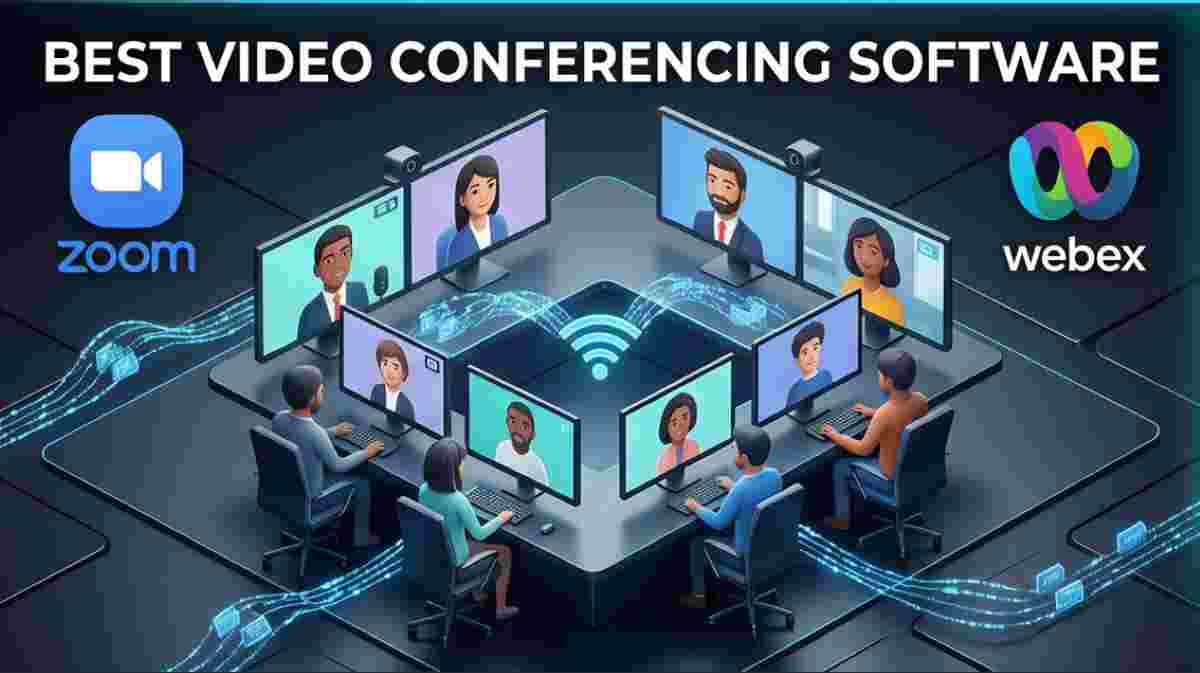 3D isometric scene of a modern hybrid workforce using video conferencing software. Hybrid employees sit at a workstation interacting with floating screens displaying diverse remote participants via high-fidelity WebRTC streams. Best Video Conferencing Software for enterprise collaboration. 3D isometric scene of a modern hybrid workforce using video conferencing software. Hybrid employees sit at a workstation interacting with floating screens displaying diverse remote participants via high-fidelity WebRTC streams. Best Video Conferencing Software for enterprise collaboration.