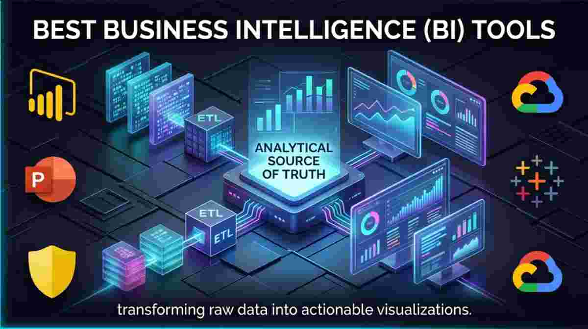 3D isometric scene of business intelligence tools transforming raw data streams through ETL pipelines into actionable visual dashboards. Features logos for Microsoft Power BI, Tableau, and Looker. Best Business Intelligence Tools for enterprise SaaS analytics. 3D isometric scene of business intelligence tools transforming raw data streams through ETL pipelines into actionable visual dashboards. Features logos for Microsoft Power BI, Tableau, and Looker. Best Business Intelligence Tools for enterprise SaaS analytics.