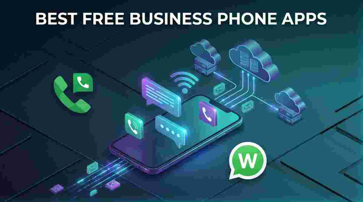 A 3D isometric visualization of a smartphone connected by glowing data lines to floating server icons, representing cloud-based business communication. Icons for calling and messaging, including a green 'W' logo, float around the phone under the heading 'BEST FREE BUSINESS PHONE APPS'.