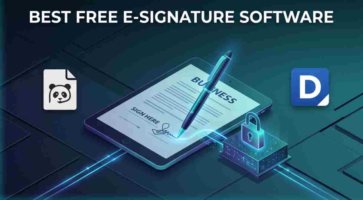 A 3D isometric scene of a stylus pen linked by glowing data streams to a secure lock block as it hovers above a tablet displaying a contract, illustrating digital document signing. The heading 'BEST FREE E-SIGNATURE SOFTWARE' is visible, along with a stylized 'D' logo. A 3D isometric scene of a stylus pen linked by glowing data streams to a secure lock block as it hovers above a tablet displaying a contract, illustrating digital document signing. The heading 'BEST FREE E-SIGNATURE SOFTWARE' is visible, along with a stylized 'D' logo.
