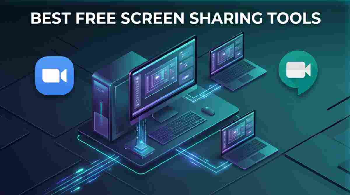 A complex isometric visualization of a networked desktop computer sharing its screen display in real-time onto two connected laptops and a tablet. Icons for video conferencing and messaging float around the workstation under the heading 'BEST FREE SCREEN SHARING TOOLS' A complex isometric visualization of a networked desktop computer sharing its screen display in real-time onto two connected laptops and a tablet. Icons for video conferencing and messaging float around the workstation under the heading 'BEST FREE SCREEN SHARING TOOLS'