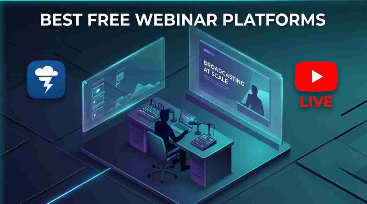 An isometric scene of a professional broadcasting setup with a presenter and multiple screens, where a main screen displays 'BROADCASTING AT SCALE'. Icons for live streaming, including a 'LIVE' button and a dark cloud logo, float nearby under the heading 'BEST FREE WEBINAR PLATFORMS' An isometric scene of a professional broadcasting setup with a presenter and multiple screens, where a main screen displays 'BROADCASTING AT SCALE'. Icons for live streaming, including a 'LIVE' button and a dark cloud logo, float nearby under the heading 'BEST FREE WEBINAR PLATFORMS'